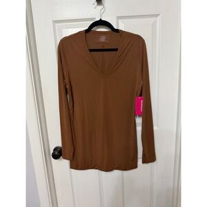 Commando Butter V-Neck Long Sleeve Top Cinnamon Brown Micro Modal Stretch Large